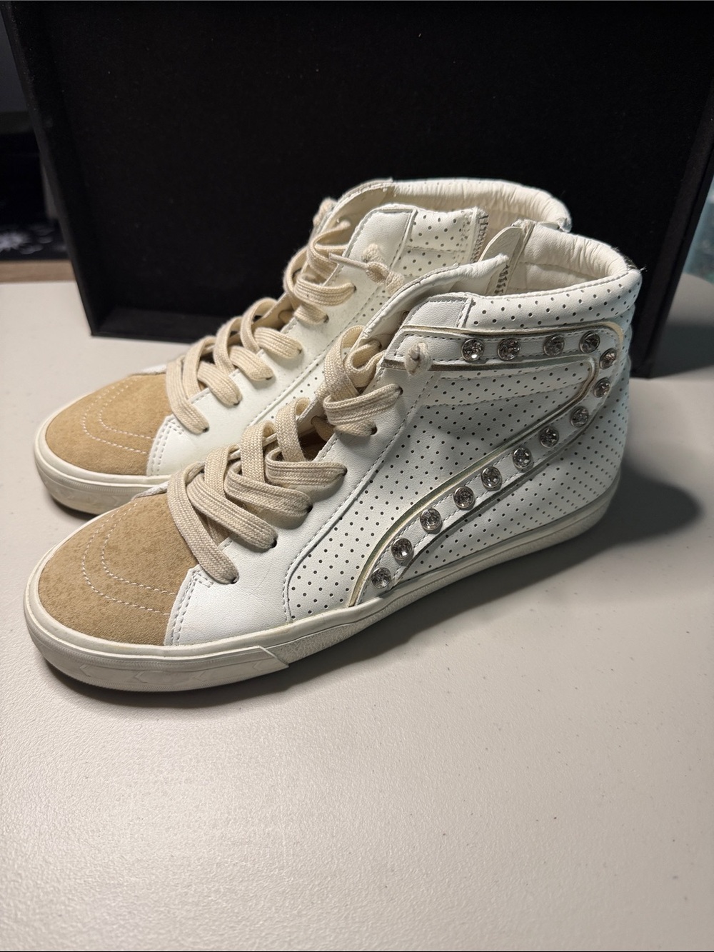 Women’s White and Beige High-Top Sneakers with Crystal Accents